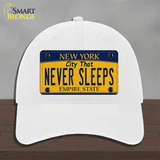 Never Sleeps New York Novelty License Plate Hat Unconstructed Cotton / White