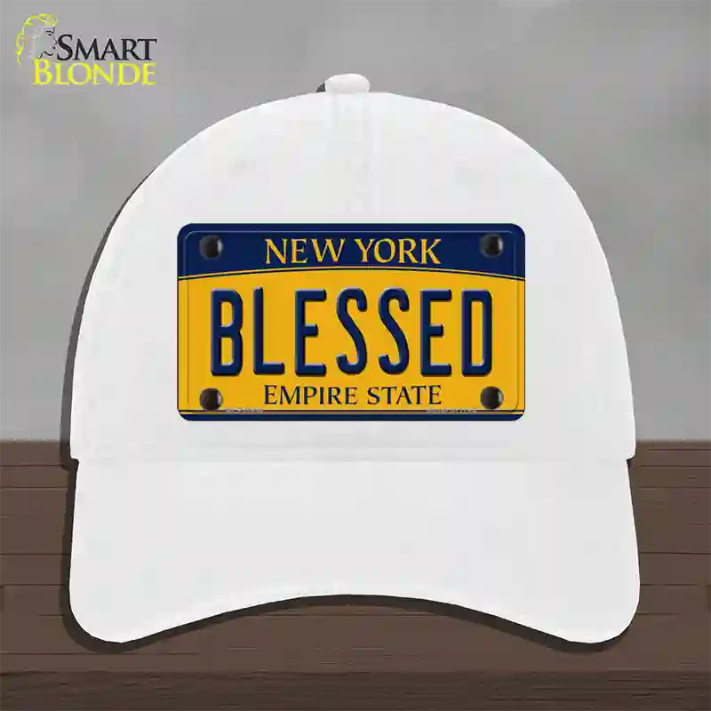 Blessed New York Novelty License Plate Hat Unconstructed Cotton / White