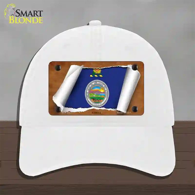 Kansas Flag Scroll Novelty License Plate Hat Unconstructed Cotton / White