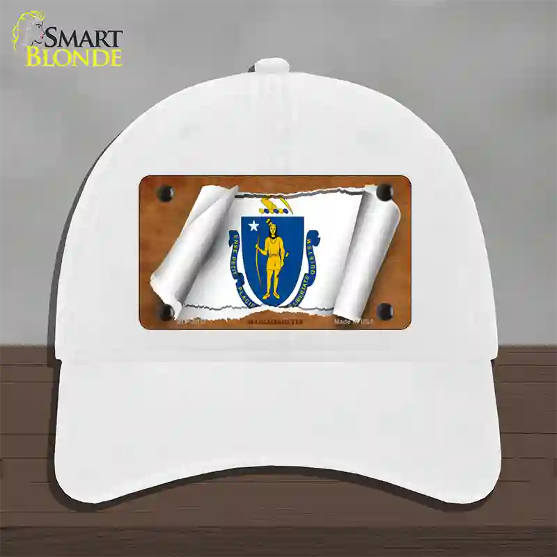 Massachusetts Flag Scroll Novelty License Plate Hat Unconstructed Cotton / White