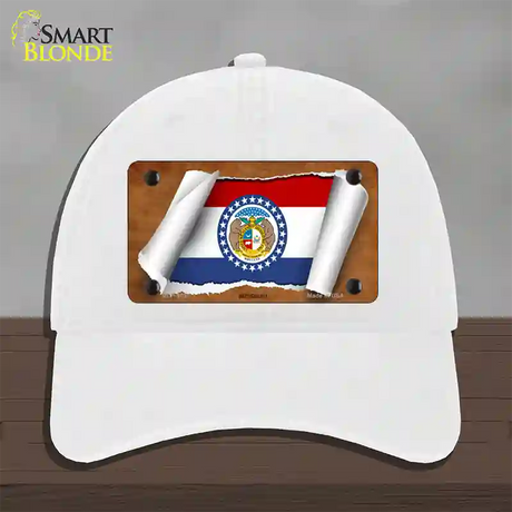 Missouri Flag Scroll Novelty License Plate Hat Unconstructed Cotton / White