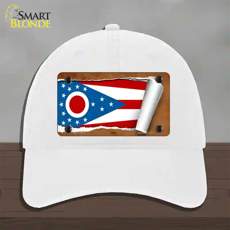 Ohio Flag Scroll Novelty License Plate Hat Unconstructed Cotton / White