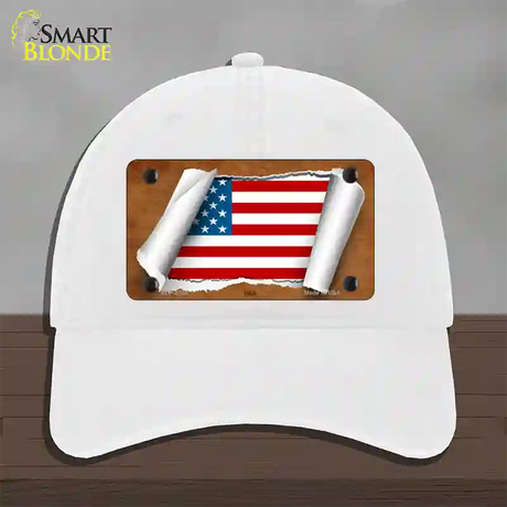 American Flag Scroll Novelty License Plate Hat Unconstructed Cotton / White