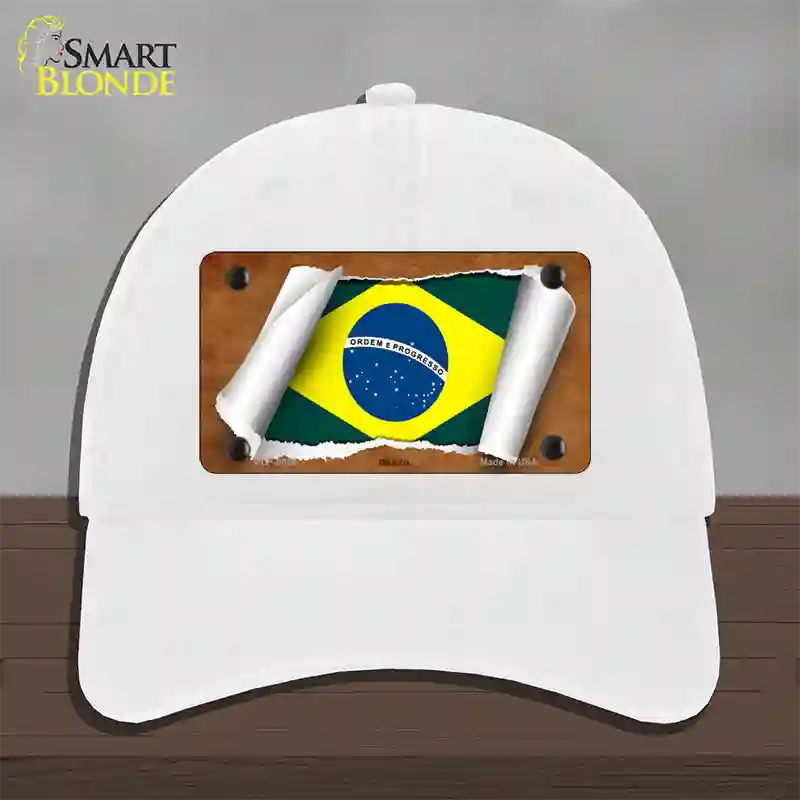 Brazil Flag Scroll Novelty License Plate Hat Unconstructed Cotton / White