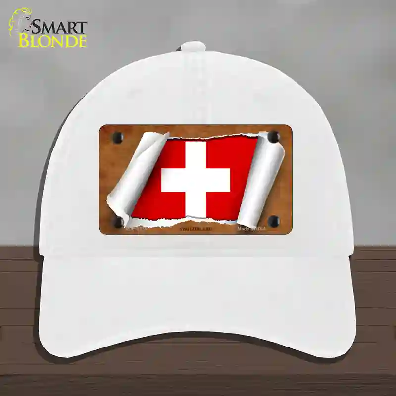 Switzerland Flag Scroll Novelty License Plate Hat Unconstructed Cotton / White