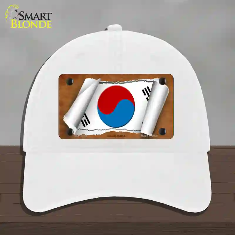 South Korea Flag Scroll Novelty License Plate Hat Unconstructed Cotton / White