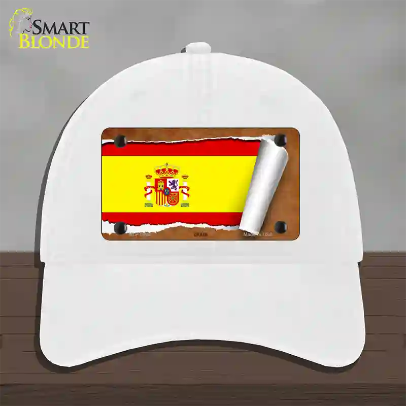 Spain Flag Scroll Novelty License Plate Hat Unconstructed Cotton / White