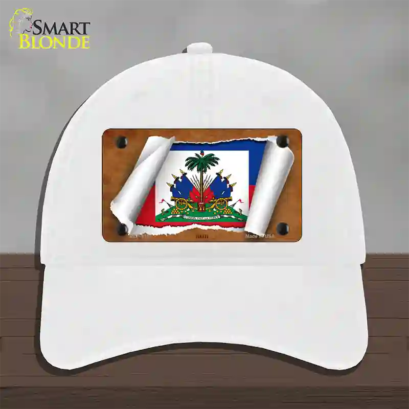 Haiti Flag Scroll Novelty License Plate Hat Unconstructed Cotton / White