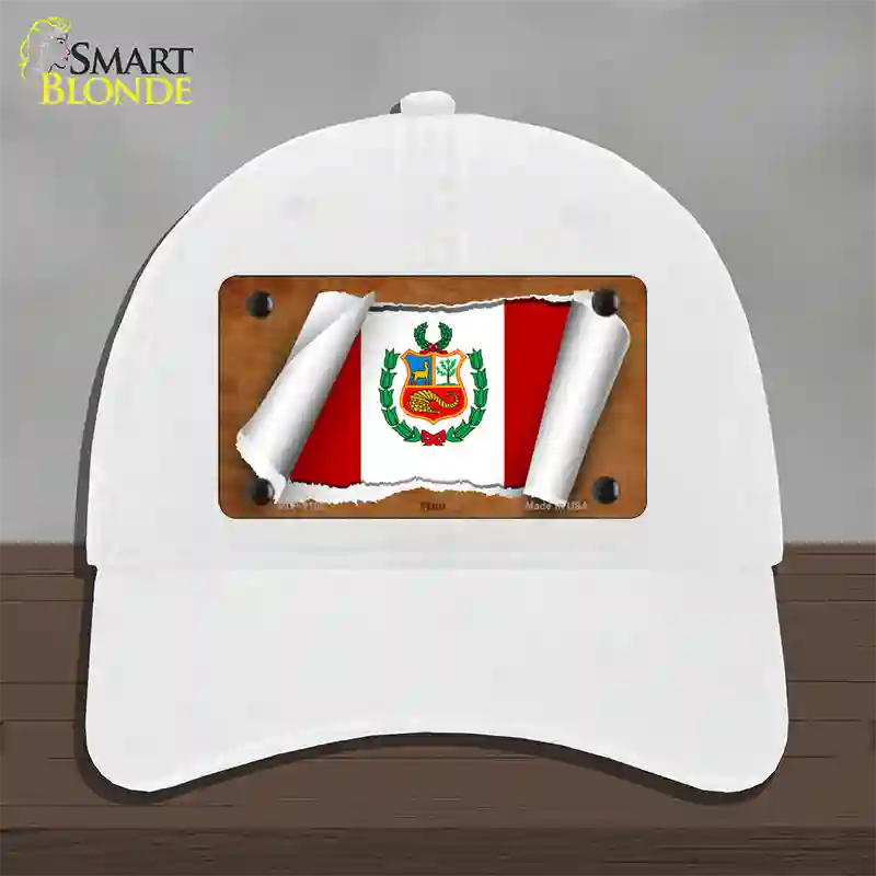 Peru Flag Scroll Novelty License Plate Hat Unconstructed Cotton / White