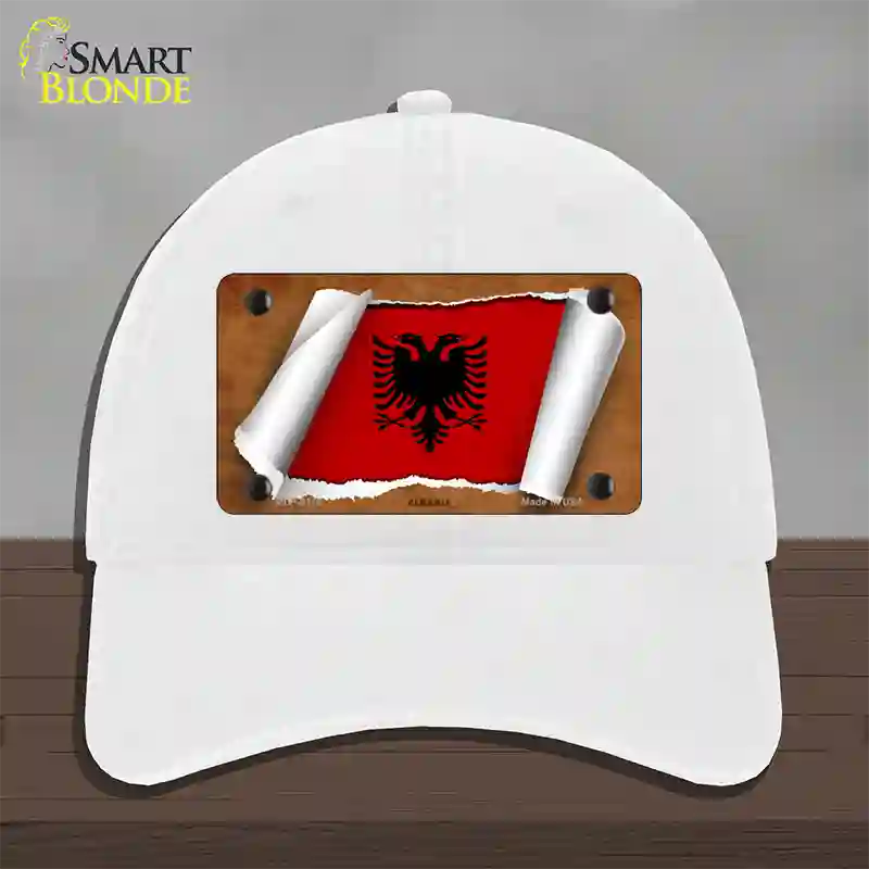 Albania Flag Scroll Novelty License Plate Hat Unconstructed Cotton / White