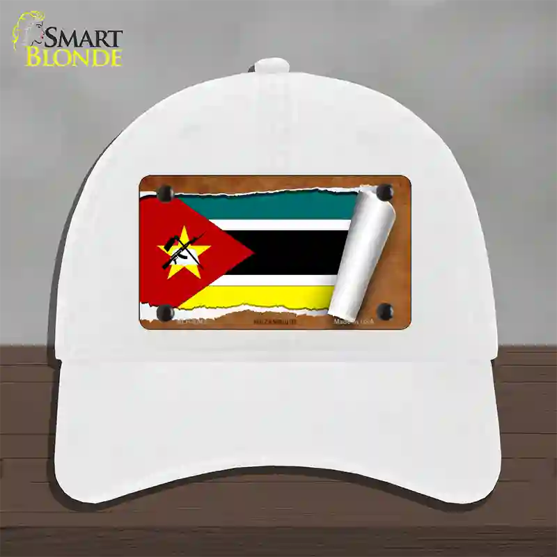 Mozambique Flag Scroll Novelty License Plate Hat Unconstructed Cotton / White