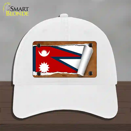 Nepal Flag Scroll Novelty License Plate Hat Unconstructed Cotton / White