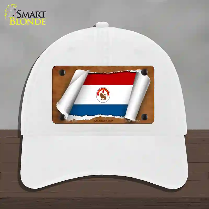 Paraguay-REV Flag Scroll Novelty License Plate Hat Unconstructed Cotton / White