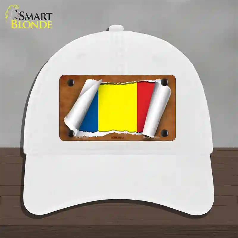 Romania Flag Scroll Novelty License Plate Hat Unconstructed Cotton / White