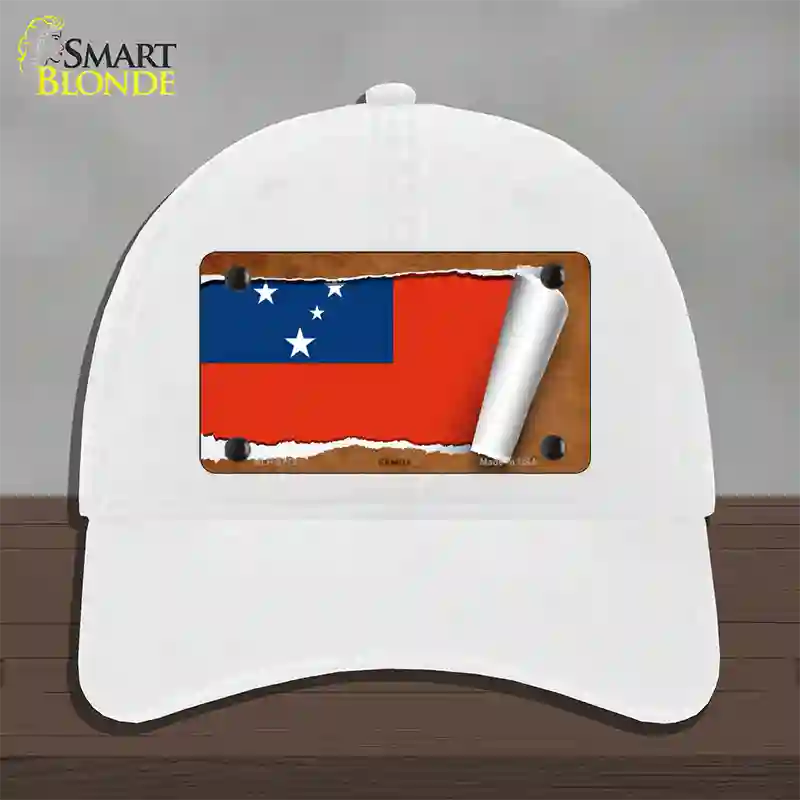 Samoa Flag Scroll Novelty License Plate Hat Unconstructed Cotton / White