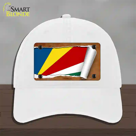 Seychelles Flag Scroll Novelty License Plate Hat Unconstructed Cotton / White