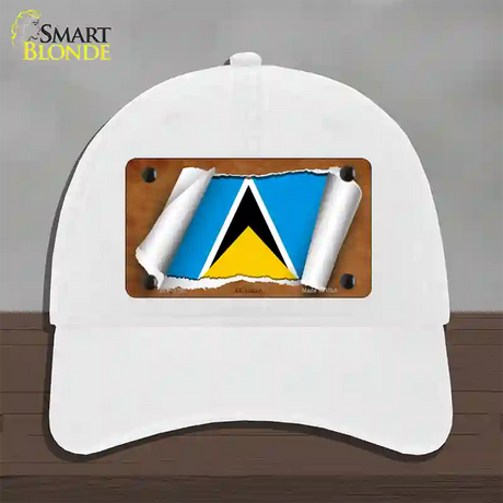 St Lucia Flag Scroll Novelty License Plate Hat Unconstructed Cotton / White