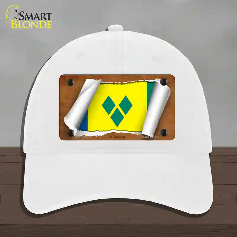 St Vincent Flag Scroll Novelty License Plate Hat Unconstructed Cotton / White