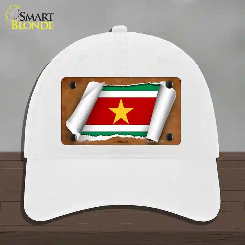 Suriname Flag Scroll Novelty License Plate Hat Unconstructed Cotton / White