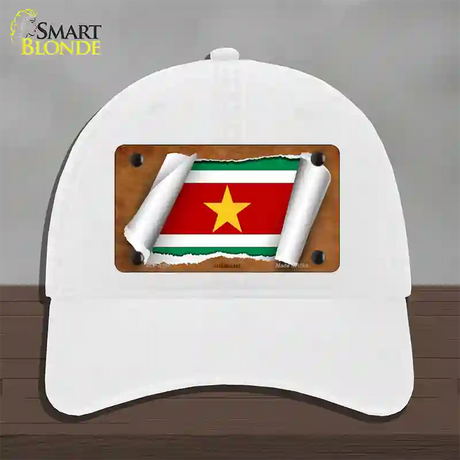 Suriname Flag Scroll Novelty License Plate Hat Unconstructed Cotton / White