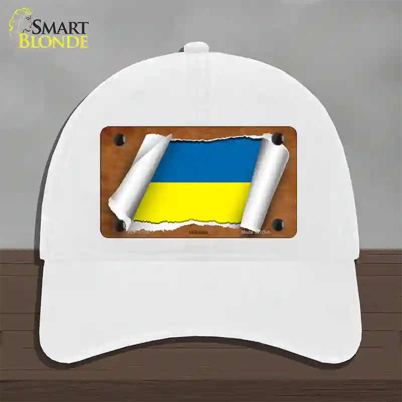 Ukraine Flag Scroll Novelty License Plate Hat Unconstructed Cotton / White