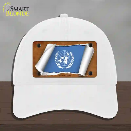 United Nations Flag Scroll Novelty License Plate Hat Unconstructed Cotton / White