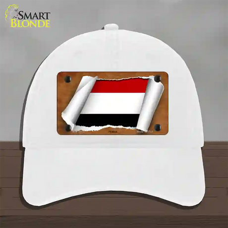 Yemen Flag Scroll Novelty License Plate Hat Unconstructed Cotton / White