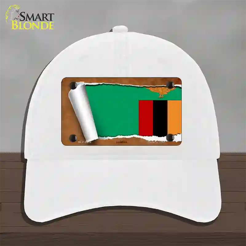 Zambia Flag Scroll Novelty License Plate Hat Unconstructed Cotton / White