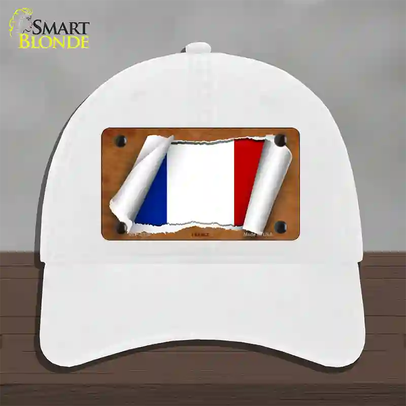 France Flag Scroll Novelty License Plate Hat Unconstructed Cotton / White