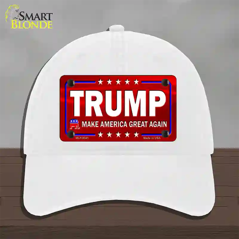 Trump Red Novelty License Plate Hat Unconstructed Cotton / White