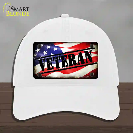 Veteran American Flag Novelty License Plate Hat Unconstructed Cotton / White