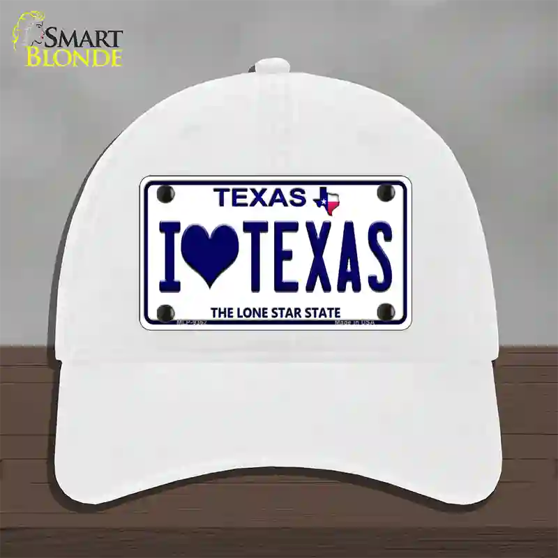 I Love Texas Novelty License Plate Hat Unconstructed Cotton / White