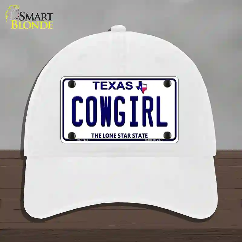 Cowgirl Texas Novelty License Plate Hat Unconstructed Cotton / White