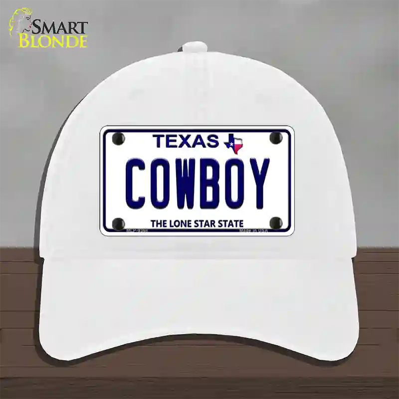 Cowboy Texas White Novelty License Plate Hat Unconstructed Cotton / White