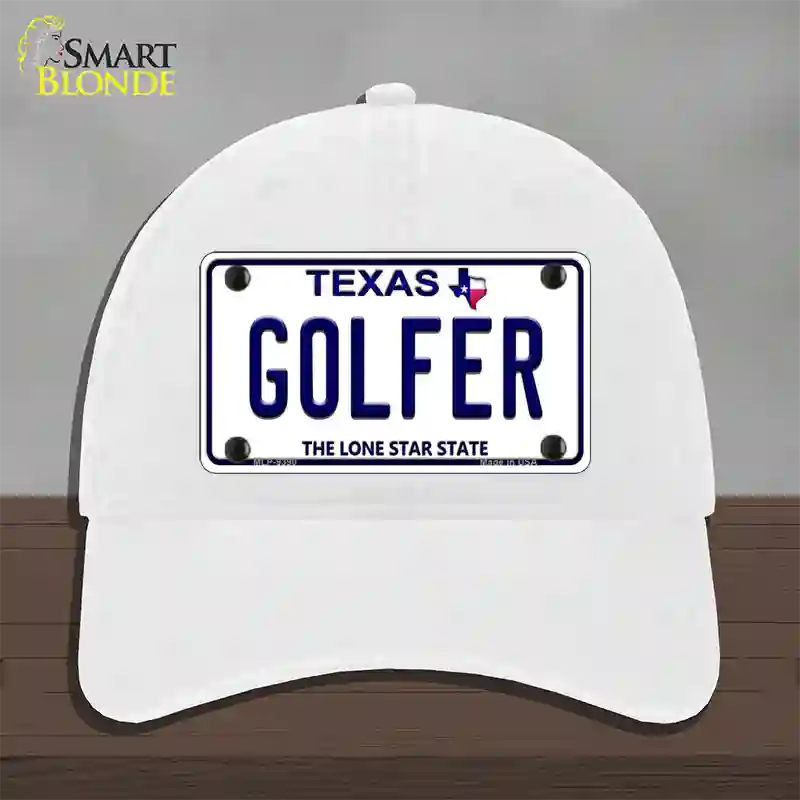 Golfer Texas Novelty License Plate Hat Unconstructed Cotton / White