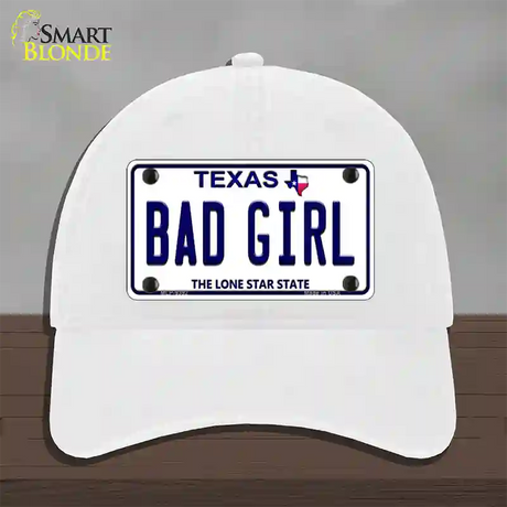 Bad Girl Texas Novelty License Plate Hat Unconstructed Cotton / White