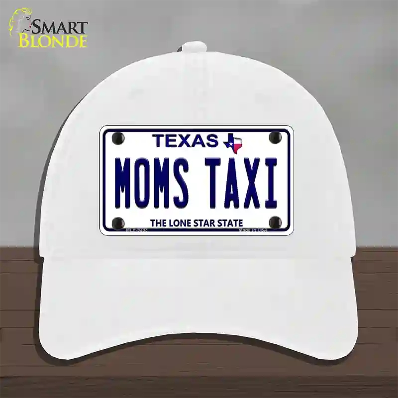 Moms Taxi Texas Novelty License Plate Hat Unconstructed Cotton / White