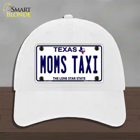 Moms Taxi Texas Novelty License Plate Hat Unconstructed Cotton / White