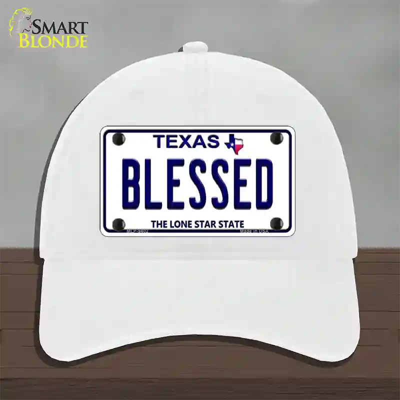 Blessed Texas Novelty License Plate Hat Unconstructed Cotton / White