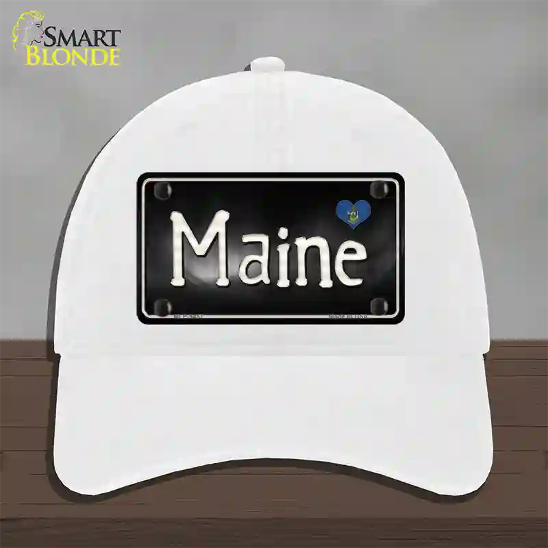 Maine Flag Script Novelty License Plate Hat Unconstructed Cotton / White