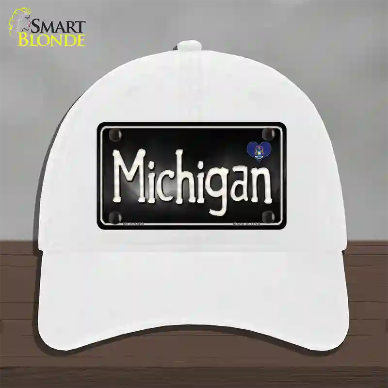 Michigan Flag Script Novelty License Plate Hat Unconstructed Cotton / White