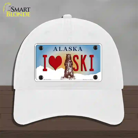 I Love Ski Alaska State Novelty License Plate Hat Unconstructed Cotton / White