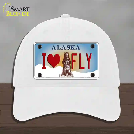 I Love Fly Alaska State Novelty License Plate Hat Unconstructed Cotton / White