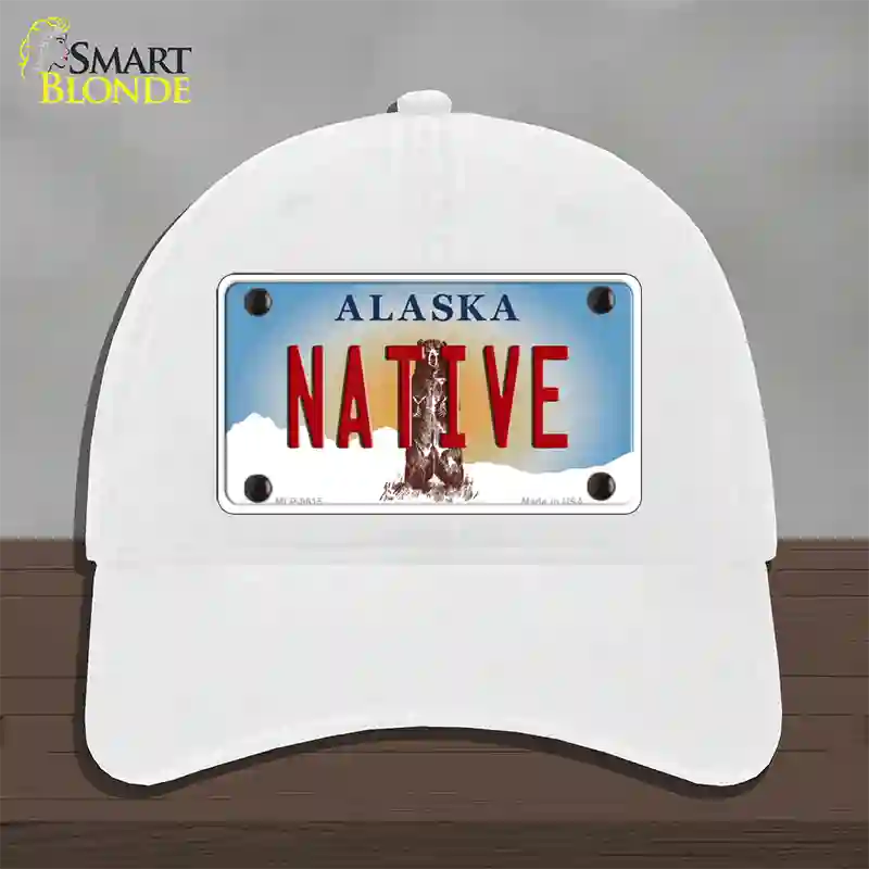 Native Alaska State Novelty License Plate Hat Unconstructed Cotton / White