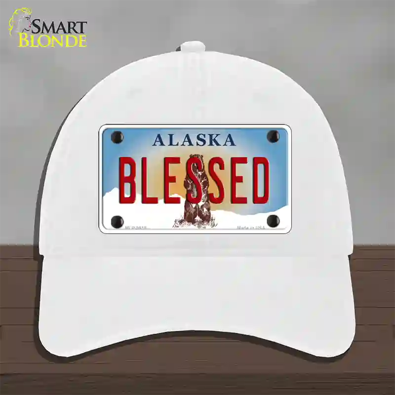 Blessed Alaska State Novelty License Plate Hat Unconstructed Cotton / White