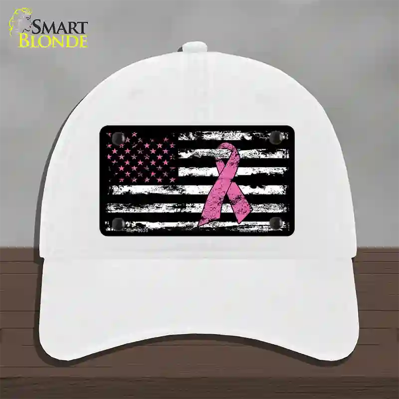 Vintage American Flag Pink Ribbon Novelty License Plate Hat Unconstructed Cotton / White