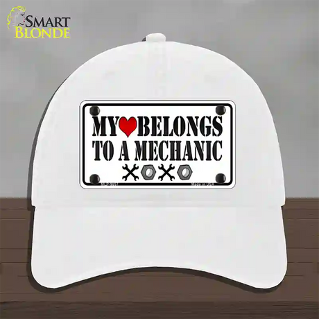 Heart Belongs To Mechanic Novelty License Plate Hat Unconstructed Cotton / White