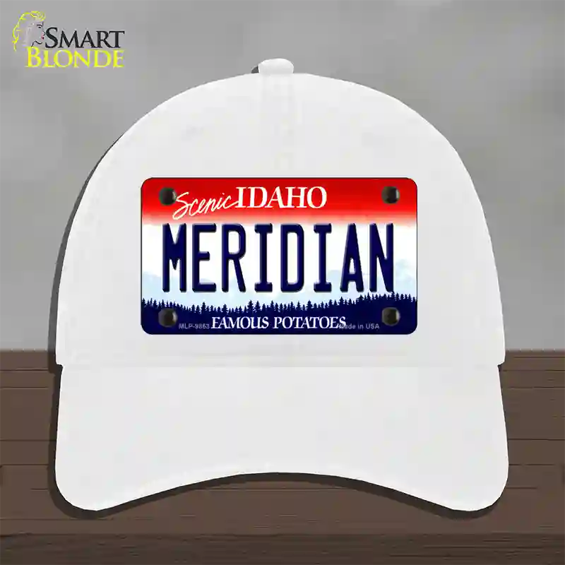 Meridian Idaho Novelty License Plate Hat Unconstructed Cotton / White