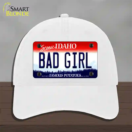 Bad Girl Idaho Novelty License Plate Hat Unconstructed Cotton / White