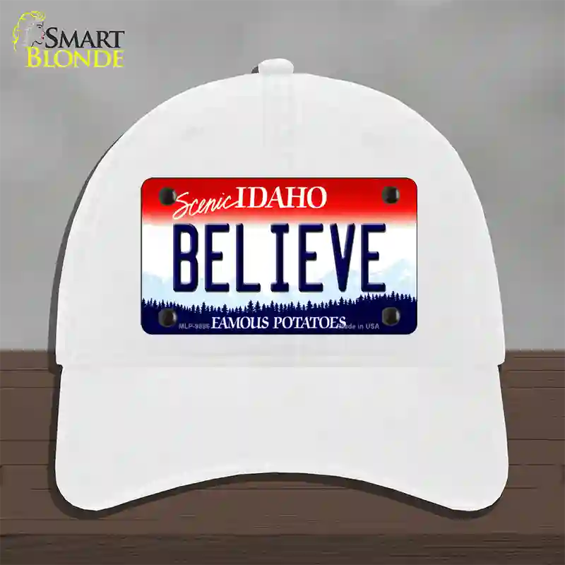 Believe Idaho Novelty License Plate Hat Unconstructed Cotton / White